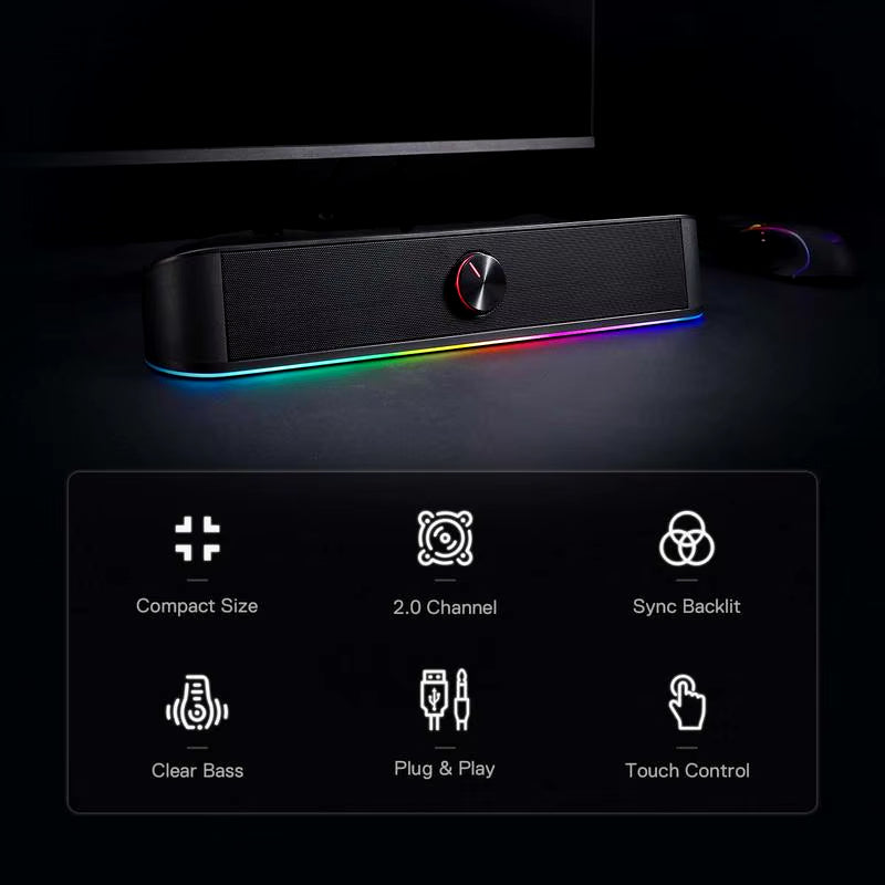 GS560 Adiemus RGB USB Desktop Soundbar, 2.0 Channel Computer Speaker with Dynamic Lighting Bar Audio-Light Sync/Display